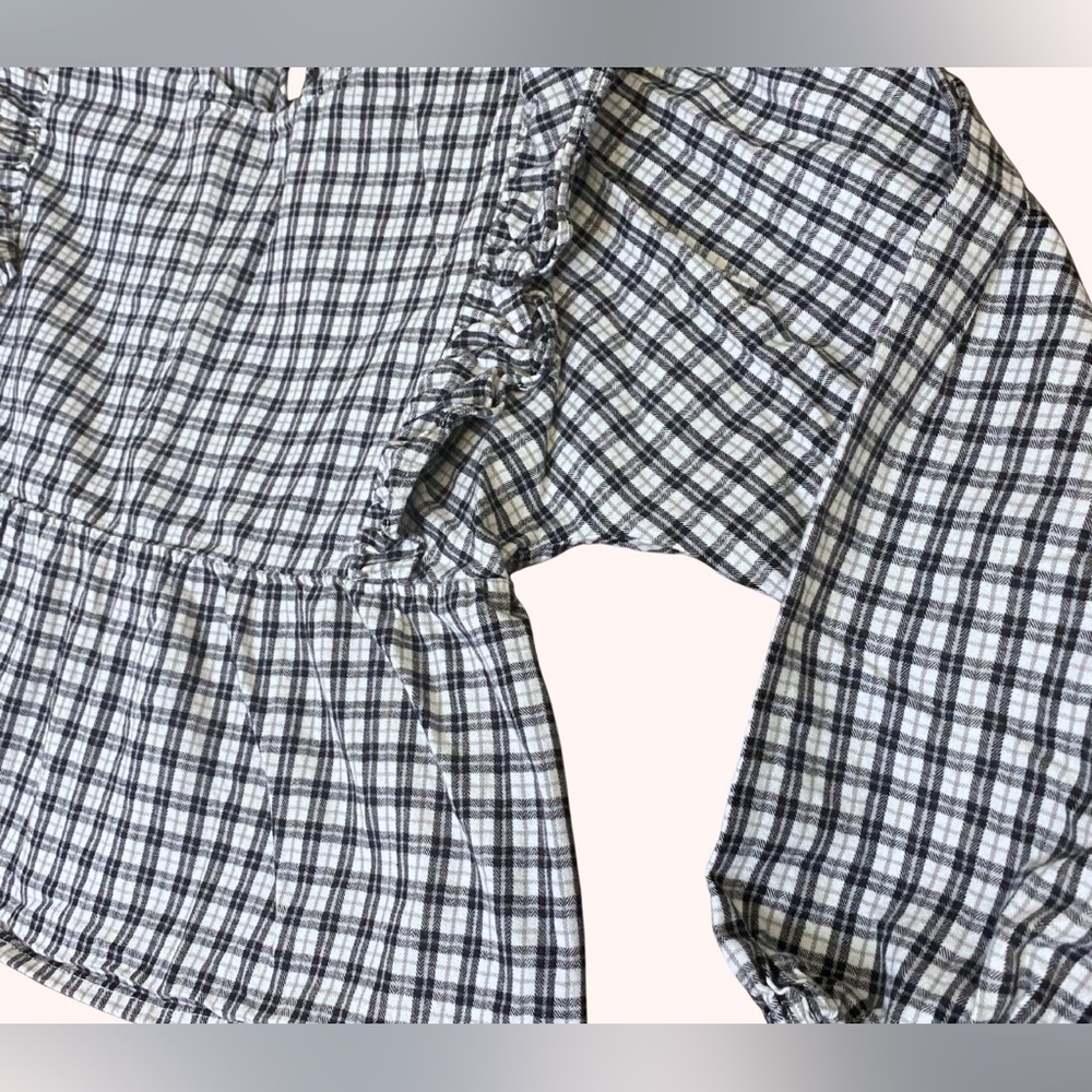 Crewcuts Black & White Plaid Blouse Girls' ruffle-shoulder flannel top sz large - Picture 5 of 10